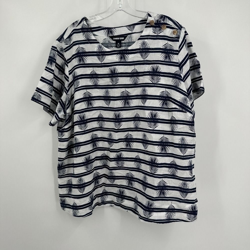 Lands End Womens Coastal Grandma Linen Top Size 1X Beachy Resort Nautical Cruise